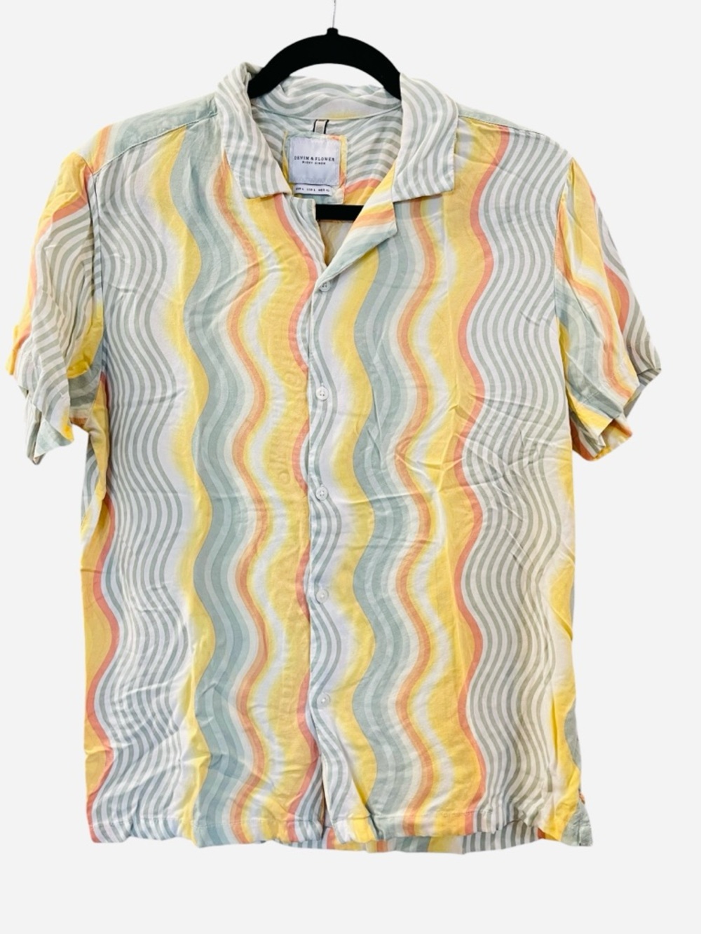 Denim & Flower Ricky Singh Men’s Yellow Wavey Short Sleeve Shirt Size: Large